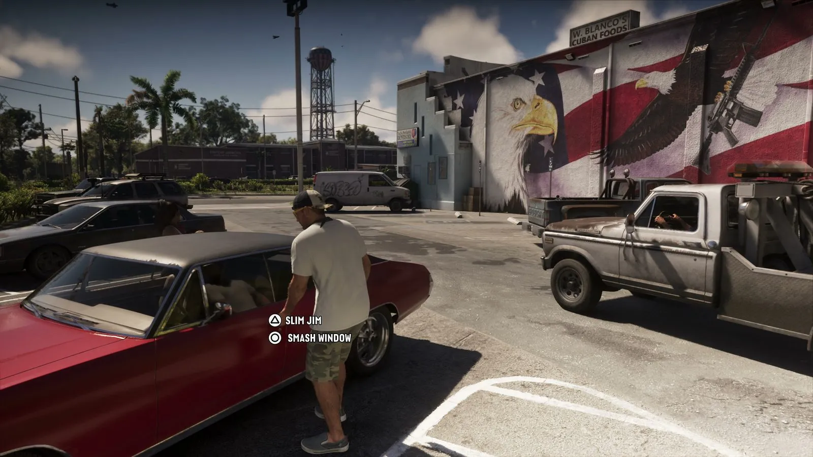 A man in a cap about to break into a red vintage car in front of an eagle mural, from the official GTA 6 Extended Look
